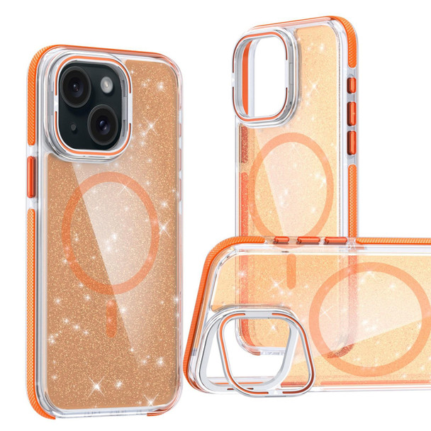 For iPhone 15 Plus Two-color Glitter Powder Lens Holder Magsafe Phone Case(Orange)