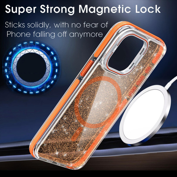 For iPhone 15 Pro Max Two-color Glitter Powder Lens Holder Magsafe Phone Case(White)