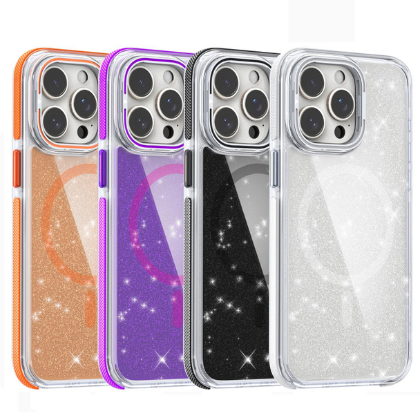 For iPhone 15 Pro Max Two-color Glitter Powder Lens Holder Magsafe Phone Case(White)