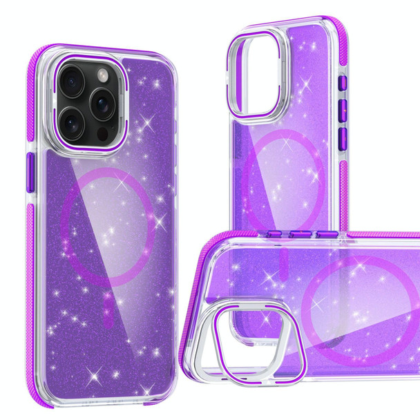 For iPhone 15 Pro Max Two-color Glitter Powder Lens Holder Magsafe Phone Case(Purple)
