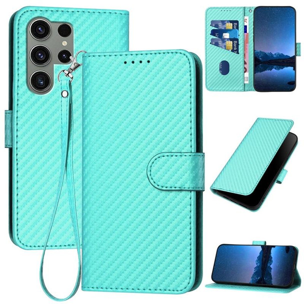 For Samsung Galaxy S23 Ultra 5G YX0070 Carbon Fiber Buckle Leather Phone Case with Lanyard(Light Blue)