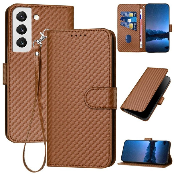 For Samsung Galaxy S22 5G YX0070 Carbon Fiber Buckle Leather Phone Case with Lanyard(Coffee)