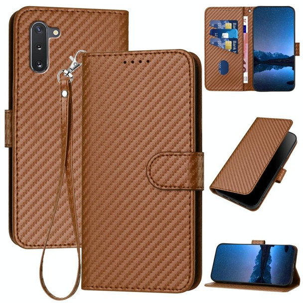 For Samsung Galaxy Note10 4G / 5G YX0070 Carbon Fiber Buckle Leather Phone Case with Lanyard(Coffee)