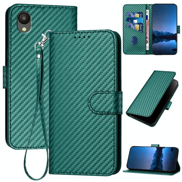 For Samsung Galaxy A23 JP Version YX0070 Carbon Fiber Buckle Leather Phone Case with Lanyard(Dark Green)