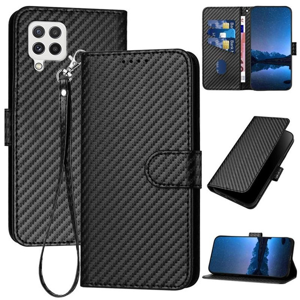 For Samsung Galaxy A22 4G/F22/M22 4G YX0070 Carbon Fiber Buckle Leather Phone Case with Lanyard(Black)