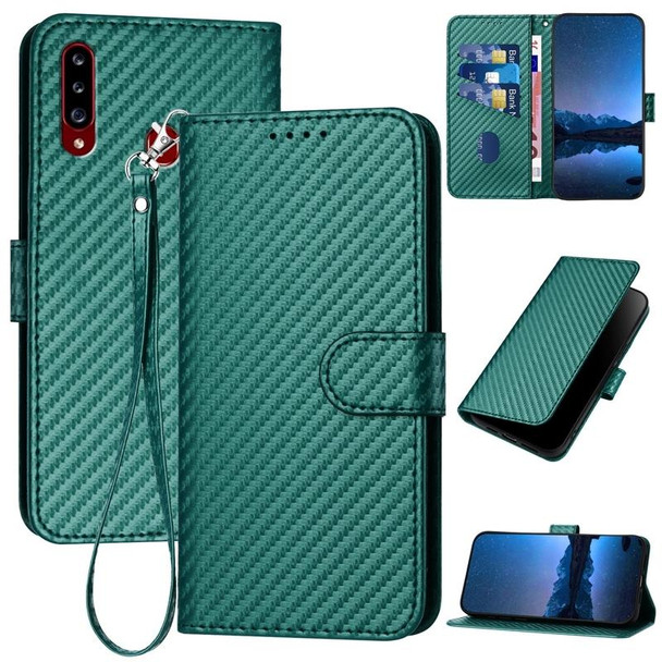 For Samsung Galaxy A20s YX0070 Carbon Fiber Buckle Leather Phone Case with Lanyard(Dark Green)