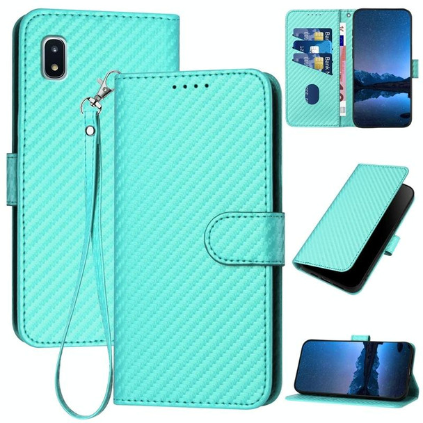 For Samsung Galaxy A20 JP Version YX0070 Carbon Fiber Buckle Leather Phone Case with Lanyard(Light Blue)