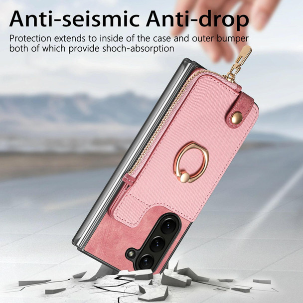 For Samsung Galaxy Z Fold6 5G Retro Zipper Wallet Ring Leather Phone Case(pink)