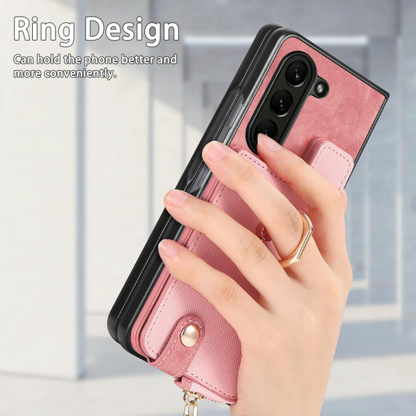 For Samsung Galaxy Z Fold6 5G Retro Zipper Wallet Ring Leather Phone Case(pink)