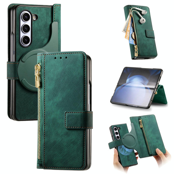 For Samsung Galaxy Z Fold6 5G Retro MagSafe Magnetic Zipper Wallet Leather Phone Case(Green)