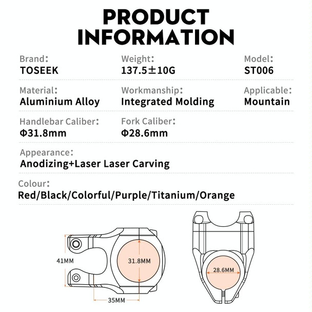 TOSEEK 35mm Aluminum Alloy Stem Bicycle Modification Accessories, Color: Titanium