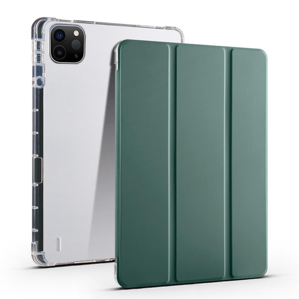 For iPad Air 11 2024 3-fold Clear TPU Smart Leather Tablet Case with Pen Slot(Dark Green)