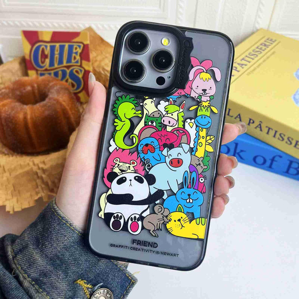 For iPhone 15 Colorful Wave Circle Creative Pattern Phone Case(Black Animals)