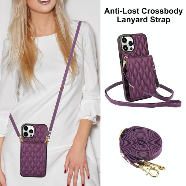 For iPhone 14 Pro Max YM015 Crossbody Rhombic Card Bag RFID Phone Case(Dark Purple)