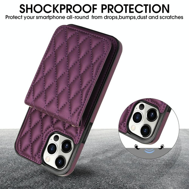 For iPhone 14 Pro Max YM015 Crossbody Rhombic Card Bag RFID Phone Case(Dark Purple)