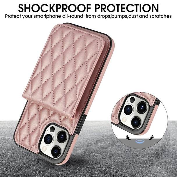 For iPhone 14 Pro Max YM015 Crossbody Rhombic Card Bag RFID Phone Case(Rose Gold)