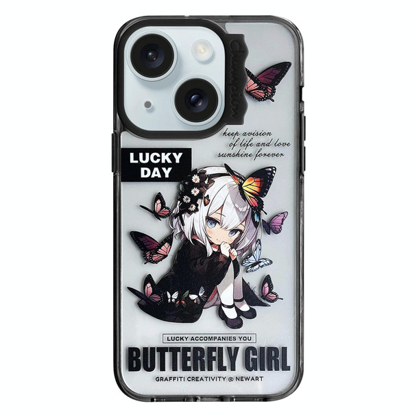 For iPhone 15 Colorful Wave Circle Creative Pattern Phone Case(Butterfly Flower Girl)