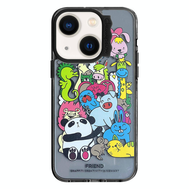 For iPhone 14 Colorful Wave Circle Creative Pattern Phone Case(Black Animals)