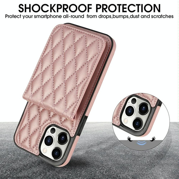 For iPhone 15 Pro YM015 Crossbody Rhombic Card Bag RFID Phone Case(Rose Gold)