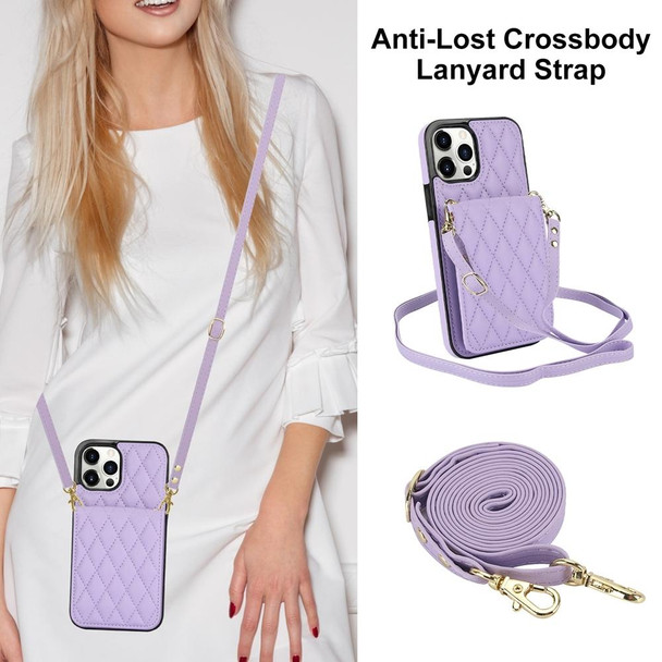 For iPhone 14 Pro YM015 Crossbody Rhombic Card Bag RFID Phone Case(Light Purple)