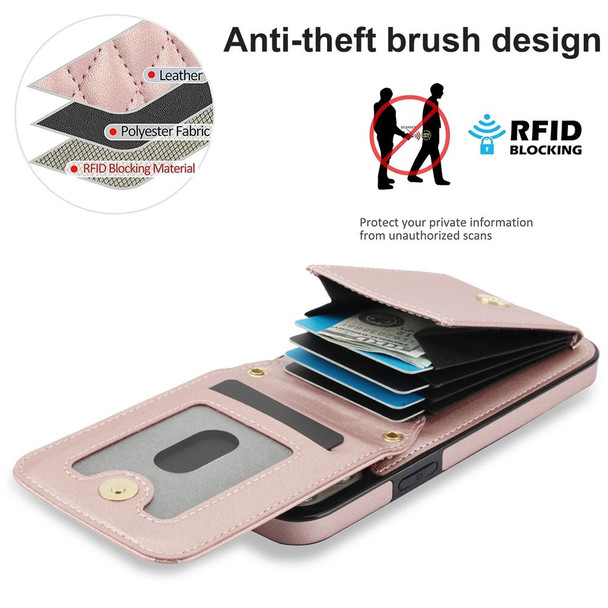 For iPhone 13 YM015 Crossbody Rhombic Card Bag RFID Phone Case(Rose Gold)