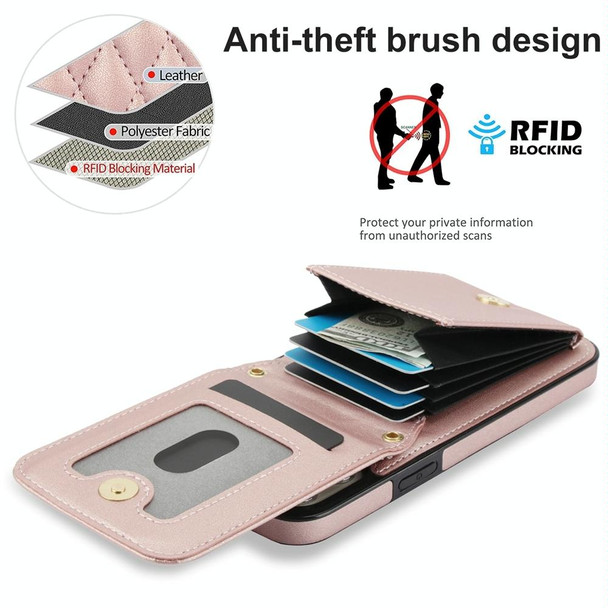 For iPhone 13 Pro Max YM015 Crossbody Rhombic Card Bag RFID Phone Case(Rose Gold)