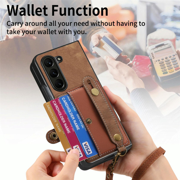 For Samsung Galaxy Z Fold6 5G Retro Cross Wristband Wallet Leather Back Phone Case(Brown)