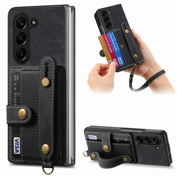 For Samsung Galaxy Z Fold6 5G Retro Cross Wristband Wallet Leather Back Phone Case(Black)