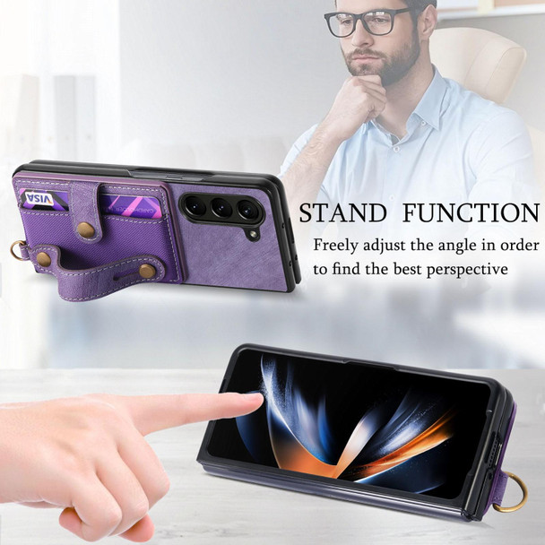 For Samsung Galaxy Z Fold6 5G Retro Cross Wristband Wallet Leather Back Phone Case(Purple)