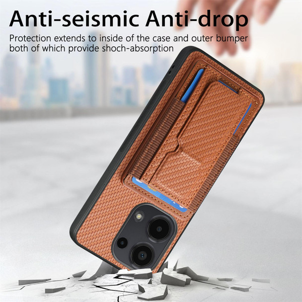 For Xiaomi Redmi Note 13 5G Carbon Fiber Fold Stand Elastic Card Bag Phone Case(Brown)