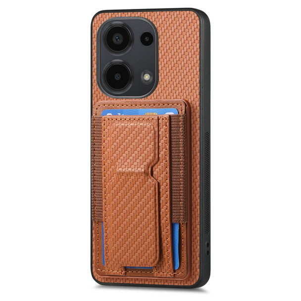 For Xiaomi Redmi Note 13 5G Carbon Fiber Fold Stand Elastic Card Bag Phone Case(Brown)