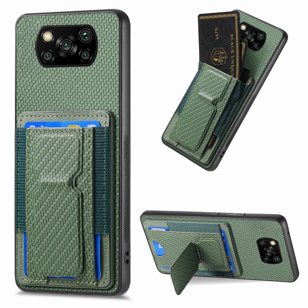 For Xiaomi Poco X3 NFC Carbon Fiber Fold Stand Elastic Card Bag Phone Case(Green)