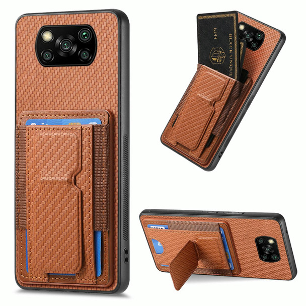 For Xiaomi Poco X3 NFC Carbon Fiber Fold Stand Elastic Card Bag Phone Case(Brown)