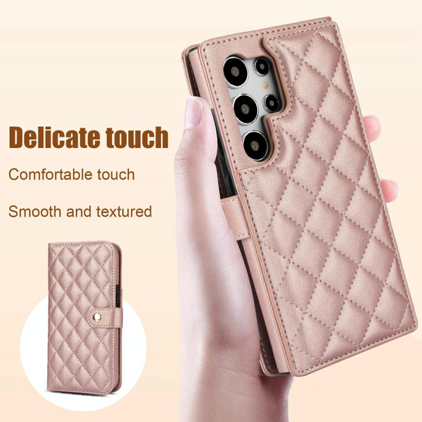 For Samsung Galaxy S24 Ultra 5G Crossbody Multifunction Rhombic Leather Phone Case(Rose Gold)