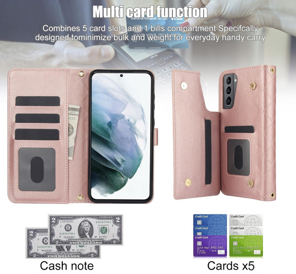 For Samsung Galaxy S21+ 5G Crossbody Multifunction Rhombic Leather Phone Case(Rose Gold)