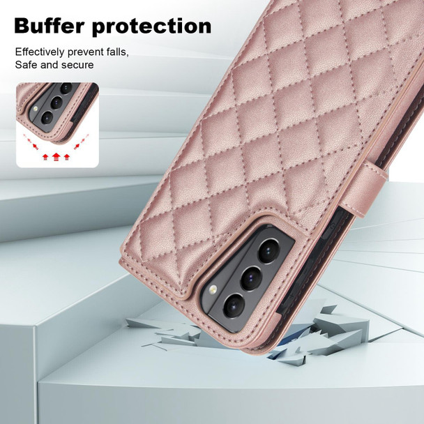 For Samsung Galaxy S21 5G Crossbody Multifunction Rhombic Leather Phone Case(Rose Gold)