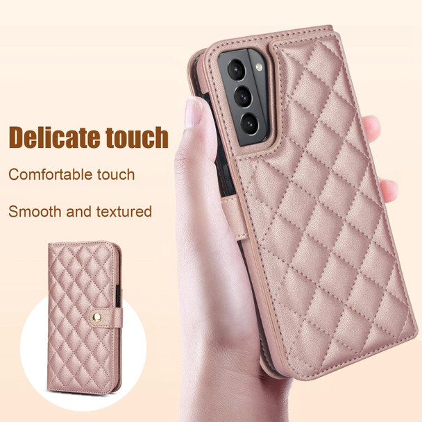 For Samsung Galaxy S21 5G Crossbody Multifunction Rhombic Leather Phone Case(Rose Gold)