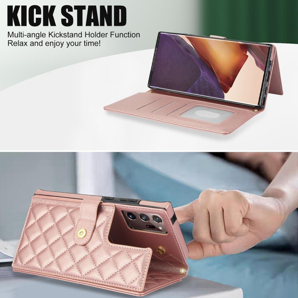 For Samsung Galaxy Note20 Ultra Crossbody Multifunction Rhombic Leather Phone Case(Rose Gold)