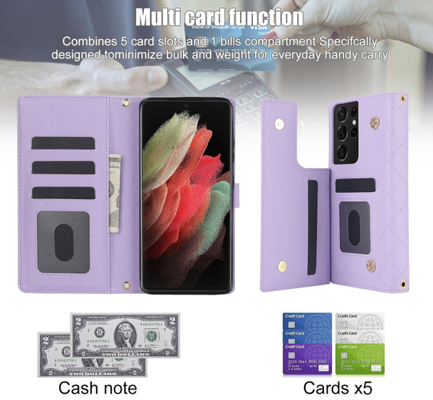 For Samsung Galaxy S21 Ultra 5G Crossbody Multifunction Rhombic Leather Phone Case(Purple)