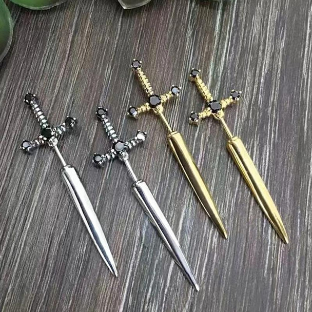 1pair Gothic Sword Earrings Ladies Vintage Crystal Diamond Ear Studs(Gold Black Diamond)