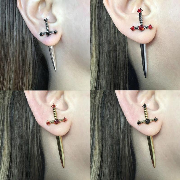 1pair Gothic Sword Earrings Ladies Vintage Crystal Diamond Ear Studs(Silver Black Diamond)