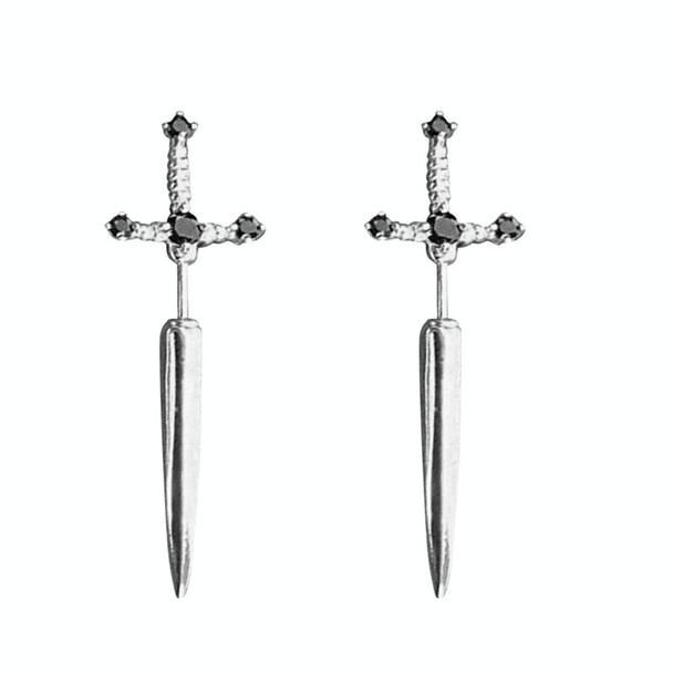 1pair Gothic Sword Earrings Ladies Vintage Crystal Diamond Ear Studs(Silver Black Diamond)