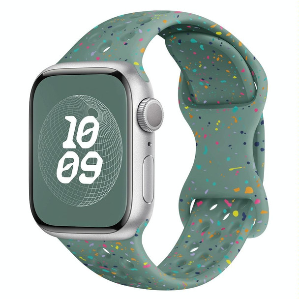 For Apple Watch Series 8 41mm Hole Style Butterfly Buckle Camouflage Silicone Watch Band(Pine Green)