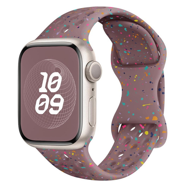 For Apple Watch Series 3 38mm Hole Style Butterfly Buckle Camouflage Silicone Watch Band(Smoke Purple)