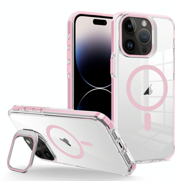 For iPhone 14 Pro Max J2 High Transparent MagSafe Magnetic Frame Holder Phone Case(Pink)