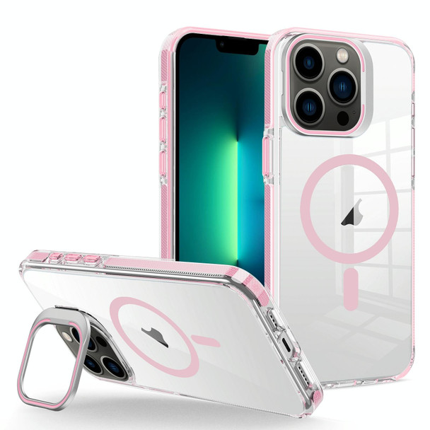 For iPhone 13 Pro Max J2 High Transparent MagSafe Magnetic Frame Holder Phone Case(Pink)