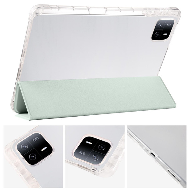 For iPad Pro 13 2024 3-fold Clear TPU Smart Leather Tablet Case with Pen Slot(Light Green)