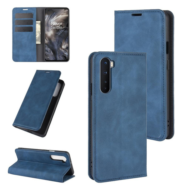 OnePlus Nord Retro-skin Business Magnetic Suction Leather Case with Holder & Card Slots & Wallet(Dark Blue)