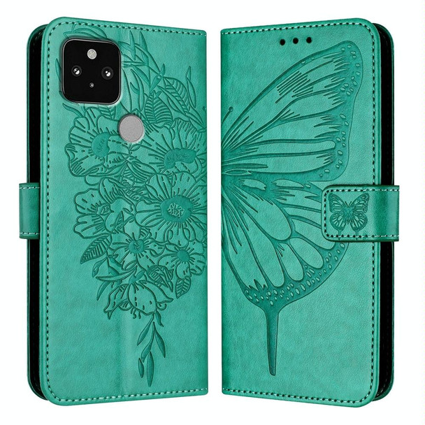 For Google Pixel 5 Embossed Butterfly Leather Phone Case(Green)