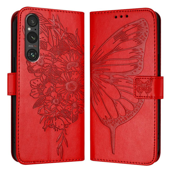 For Sony Xperia 1 V Embossed Butterfly Leather Phone Case(Red)